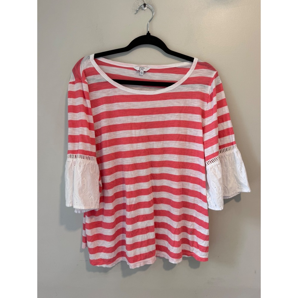 Crown & Ivy Pink White Striped Eyelet Bell Sleeve Top XL